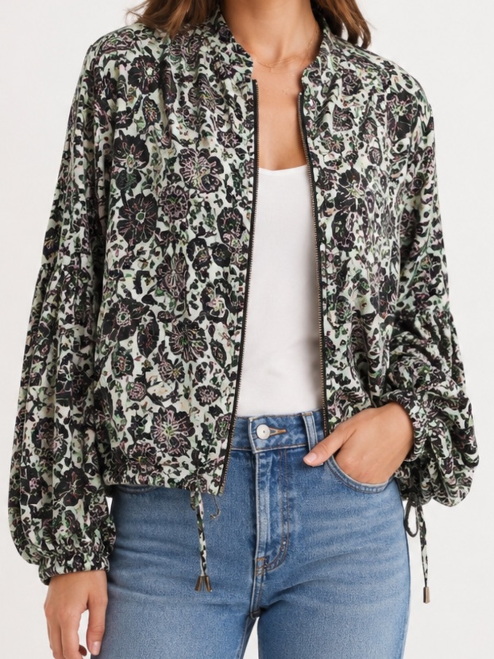 Free People XS Soft Printed Floral Rayon Balloon Sleeve Zip Jacket Boho